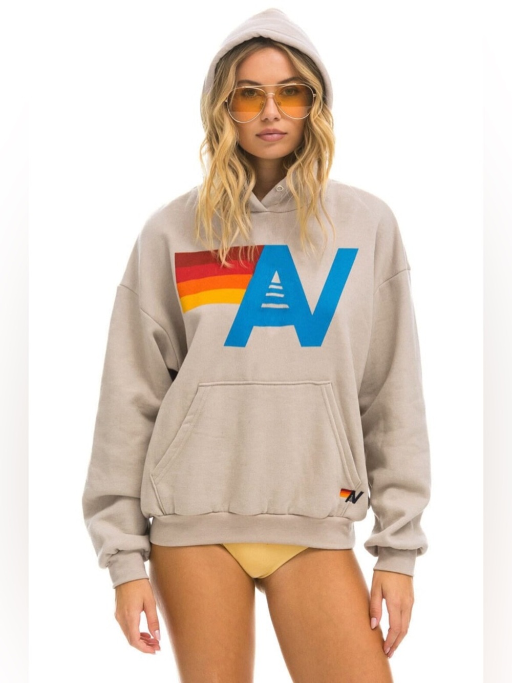Aviator Nation Cream Hoodie with Blue AV and Red-Orange Stripe